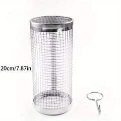 Metal mesh stand with a hook on a white background