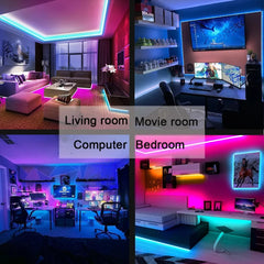 Collage of different room settings with LED strip lights: living room, movie room, computer room, and bedroom.