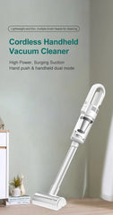 Cordless handheld vacuum cleaner on a wooden surface with a light green wall background