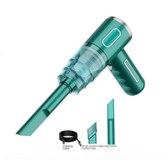 Green handheld vacuum cleaner with attachments on a white background