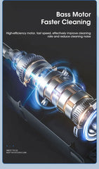 Bass motor with text about faster cleaning and efficiency on a dark background