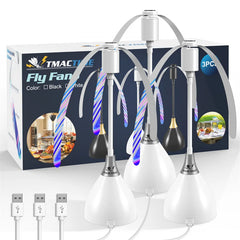 TMACCTIME Fly Fan LED light bulbs with packaging and USB cables on a white background