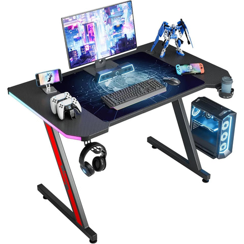 Z-Shaped Gaming Desk with Carbon Fiber Surface & Accessories