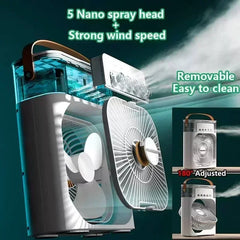Portable fan with features highlighted on a green background