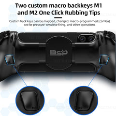 Close-up of a gaming controller with custom macro backkeys M1 and M2, featuring the brand 'RSP'.