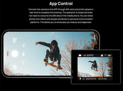 Smartphone displaying a person skateboarding with app control features on screen