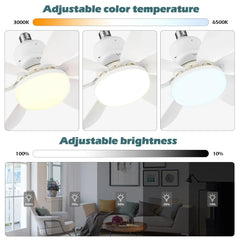 Ceiling fan with adjustable color temperature and brightness shown on a gradient scale.