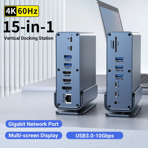 "15-in-1 USB-C Docking Station – Vertical 4K HD Hub with Triple Monitor Support, 1000Mbps RJ45, USB 3.0/2.0, PD 3.0, SD/TF, 3.5mm Audio for MacBook Pro"