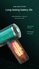 Hair dryer with glowing elements on a dark background, highlighting long-lasting battery life.