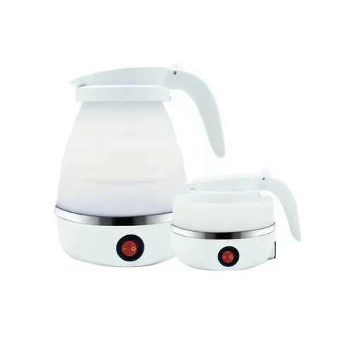 Three compact folding travel electric kettles in white, pink, and blue colors, displayed side by side.