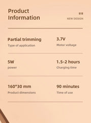 Product information card with details on partial trimming, voltage, power, charging time, dimensions, and usage time.