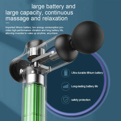 Massage device with text highlighting large battery and capacity, continuous massage, and relaxation on a blue background.