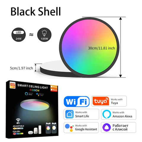 "Tuya Smart WiFi Ceiling Light – 24W RGB Circular Ambient Lamp, App Control, Alexa & Google Home Compatible for Bedroom & Home Decor"
