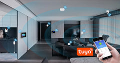 Smart home control system with Tuya app on a smartphone in a modern living room.