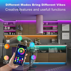 Smart kitchen with colorful LED lighting and a phone displaying lighting control app.