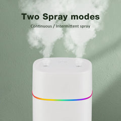 White spray device with rainbow band emitting mist against a green background, featuring text on spray modes.