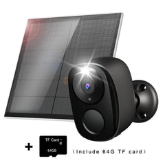 A black wireless outdoor security camera with a camera lens, displayed in conditions of sun, rain, and snow, indicating its IP66 waterproof feature.