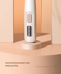 White electric foot care device on a beige platform with text indicating its use.
