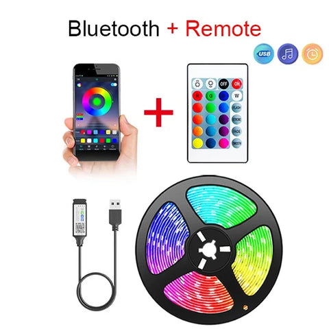 LED strip light set with Bluetooth remote, smartphone app, and USB cable on a white background.