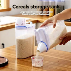 Cereals storage tank being used to pour cereal into a measuring cup on a kitchen counter.