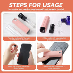 Instructions for using a cleaning device with steps shown on an orange background.