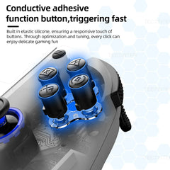 Close-up of gaming controller buttons with text about conductive adhesive function.