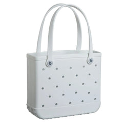 White tote bag with gray polka dots on a white background