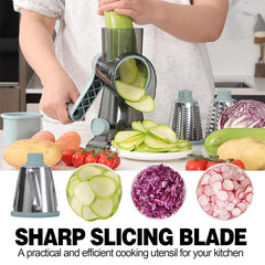Person using a vegetable slicer with sliced vegetables displayed, kitchen setting.