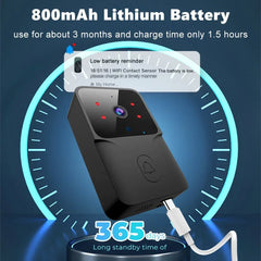 Black electronic device with 800mAh lithium battery and charging cable on a blue background