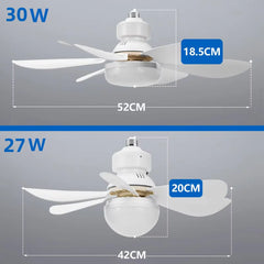Two ceiling fans with dimensions and wattage labels on a gray background