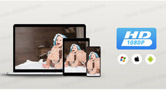 Laptop, tablet, and smartphone displaying a baby in a bear costume with HD 1080P logo and app icons.