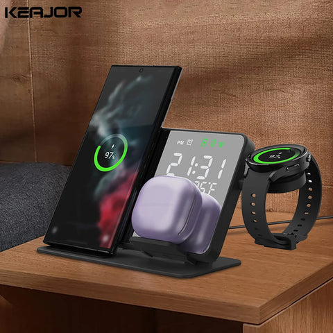 3-in-1 Wireless Charger for Samsung Galaxy Watch 6/5 Pro – Fast Charging Stand for Galaxy S24, S23, S22 with Alarm Clock