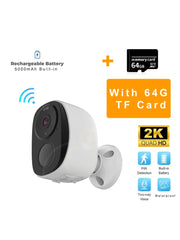 A 2K resolution wireless outdoor security camera with spotlight, battery powered, and waterproof features advertised by HEIYOUCAM.