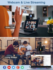 Two scenes showing video calls and live streaming with a laptop and webcam.