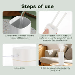 Instructions for using a humidifier with images and text on a light gray background