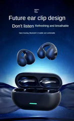 Black wireless earbuds with charging case on a blue gradient background