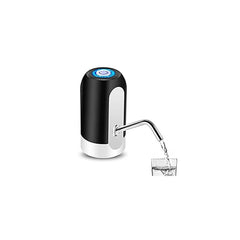 Black and silver water dispenser pouring water into a glass on a white background