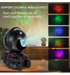 Black astronaut robot with star and nebula projector on a wooden surface, surrounded by colorful nebula images.