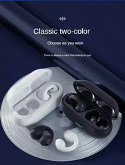 Wireless earbuds with charging case on a dark blue gradient background