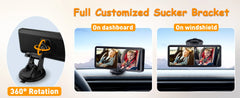Car mount with customizable bracket for dashboard and windshield, featuring 360-degree rotation.
