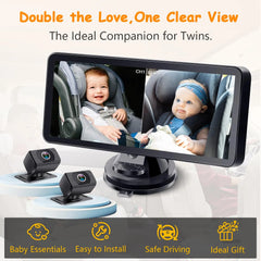 Baby monitor with two cameras showing two babies in car seats, with text highlighting features.