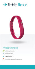 Pink Fitbit Flex 2 fitness wristband on a white background with product features listed.