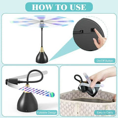Instructions on how to use a foldable device with a fan-like top, including an on/off button and foldable design.