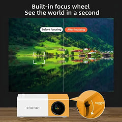 Projector with built-in focus wheel feature displayed on a screen showing a scenic view.