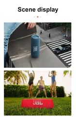Two images showing JBL speakers in different settings: one on a ledge with a street view, the other on grass with people exercising.