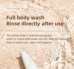 Product with text about waterproof design and rinsing after use, set against a water background.