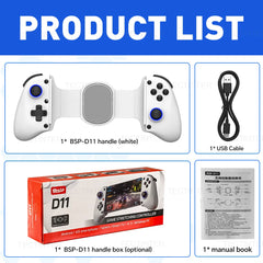 Product list with BSP-D11 handle, USB cable, box, and manual book on a blue background.