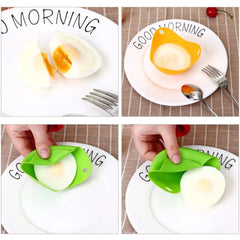 Collage of a kitchen scene with an egg and a green tool on a plate, labeled 'GOOD MORNING'.