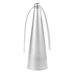 Silver cone-shaped bottle with a strap on a white background