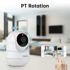 Smart home security camera with PT rotation feature, displayed in a living room setting.